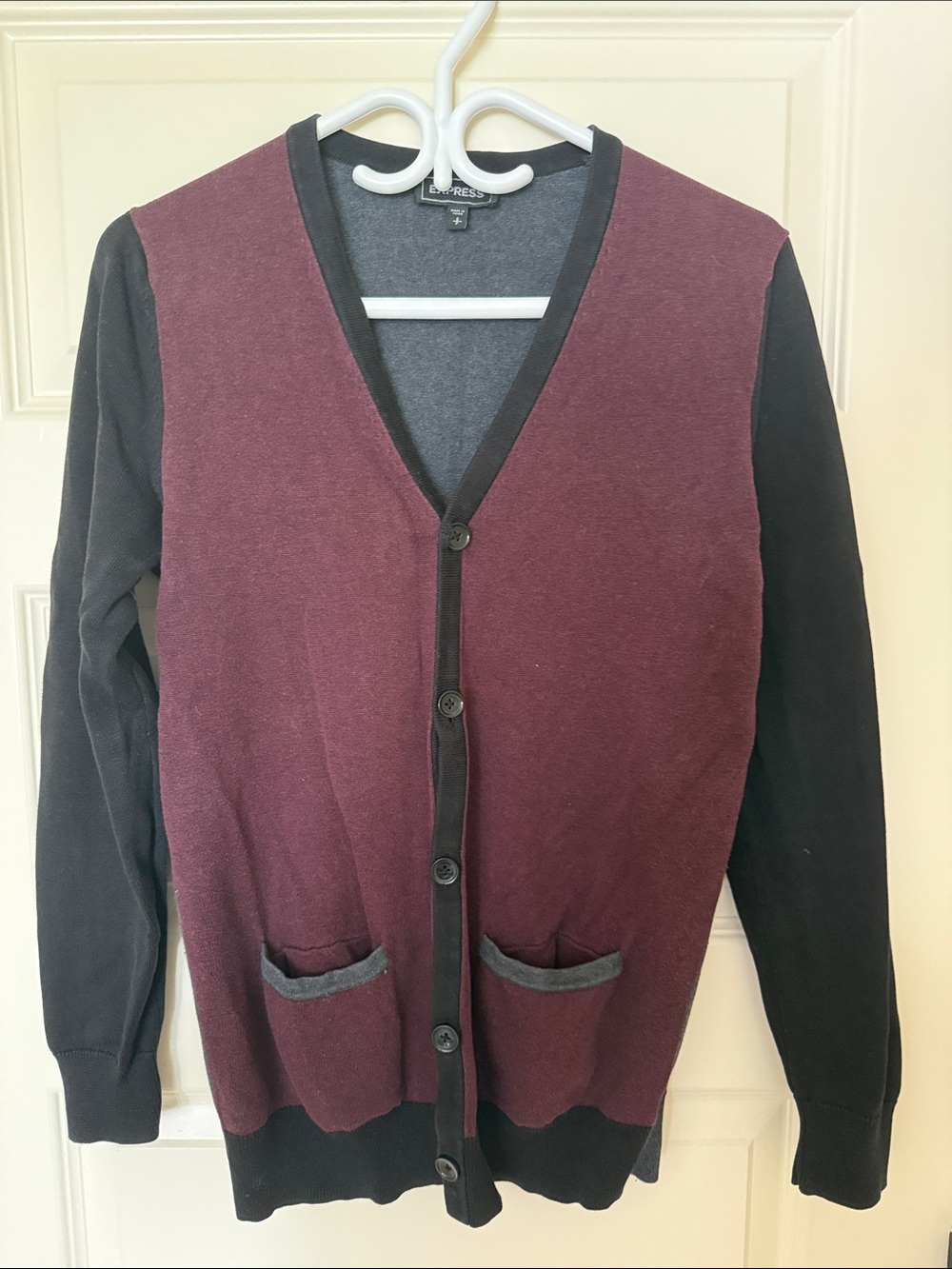 Express Men's Burgundy and Black Button-Front V-Neck Cardigan